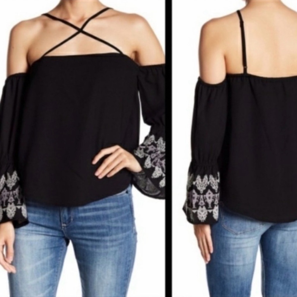 Lg. NWT ( BANJARA -Black Off-Shoulder Embroidered Sleeve Top